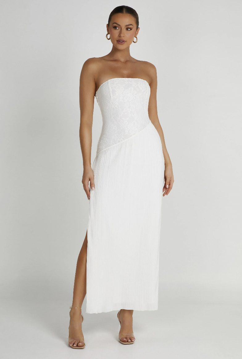 Meshki Skye Lace Plisse Strapless Midi Dress