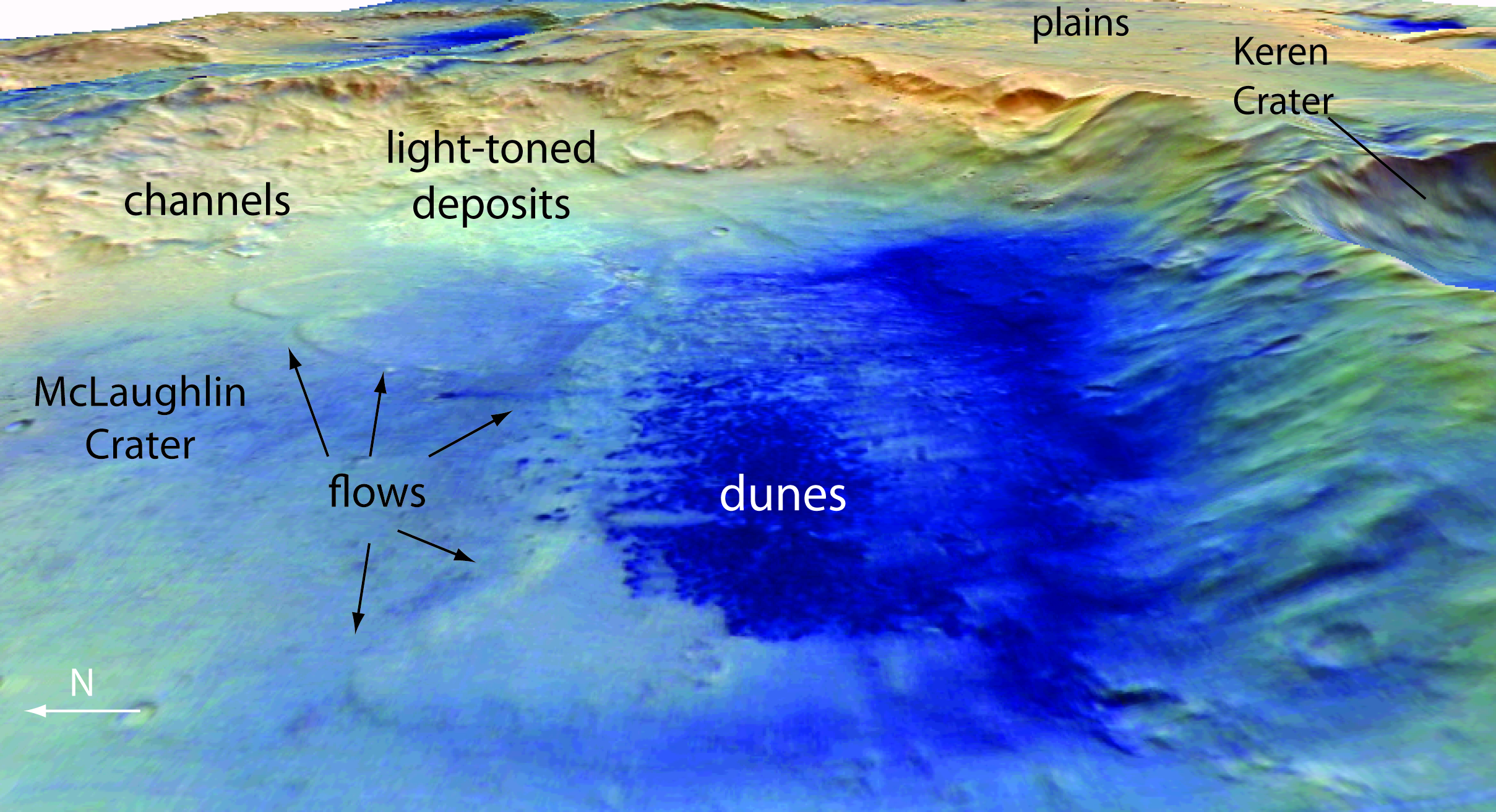 This color image draped onto digital topography shows McLaughlin Crater in a 3D perspective, looking toward the east. Light-toned deposits on the crater floor contain alteration minerals that are overlayed by debris flows from Keren Crater, present on the south rim. McLaughin Crater once contained a lake that was likely fed by groundwater.