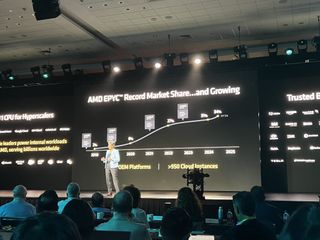 AMD CEO Lisa Su speaking on stage at AMD Advancing AI.