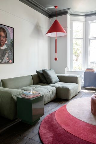 A red and green living room