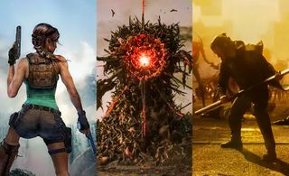 Lara Croft from Tomb Raider: Legacy of Atlantis holding her two guns, a strange fiery structure from Divinity, and Dylan Faden from Control Resonant.
