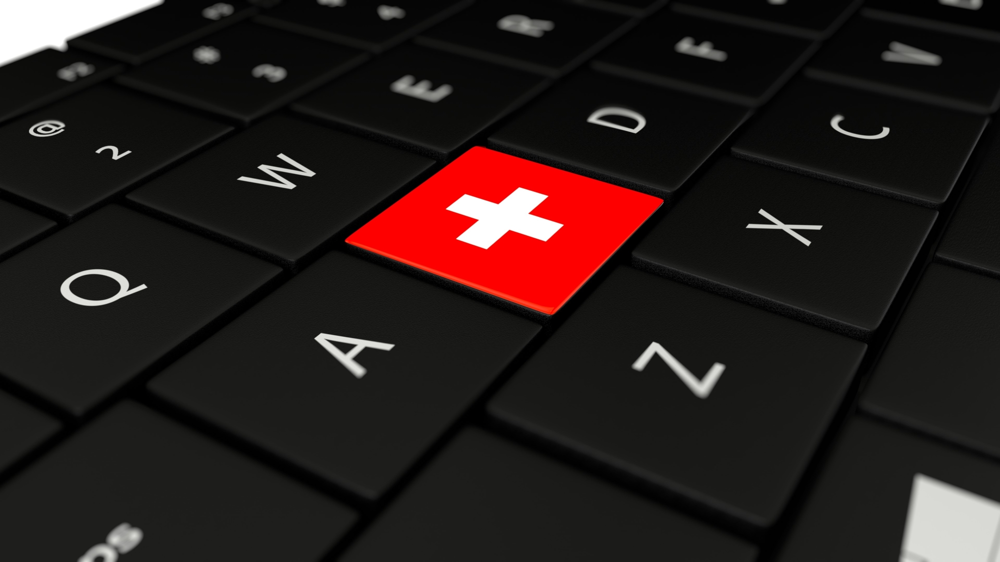 3D rendering close up of Switzerland flag button on laptop keyboard.