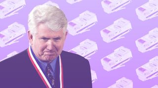 Robert Metcalfe with a purple background of ethernet plugs.