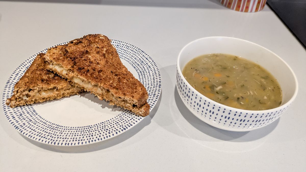 Grilled cheese toasty and hot soup make in Ninja Crispi Microwave