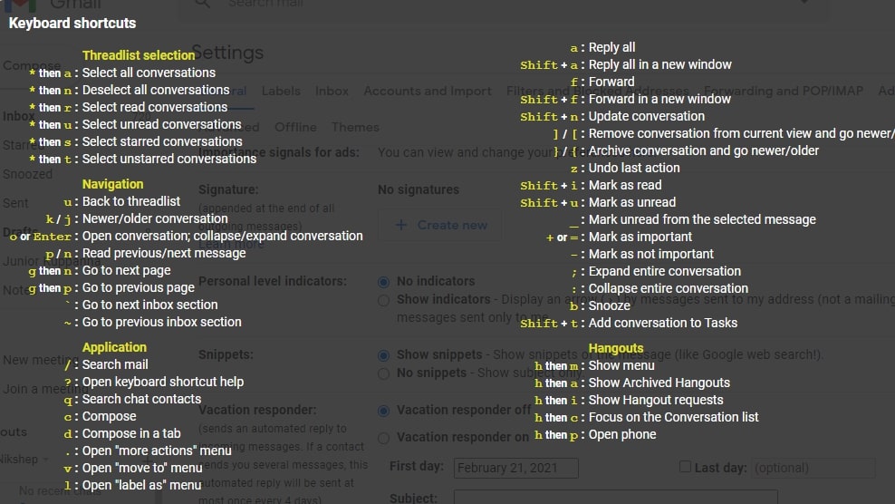 an overlaid screenshot (over Gmail's settings) of the keyboard shortcuts for Gmail