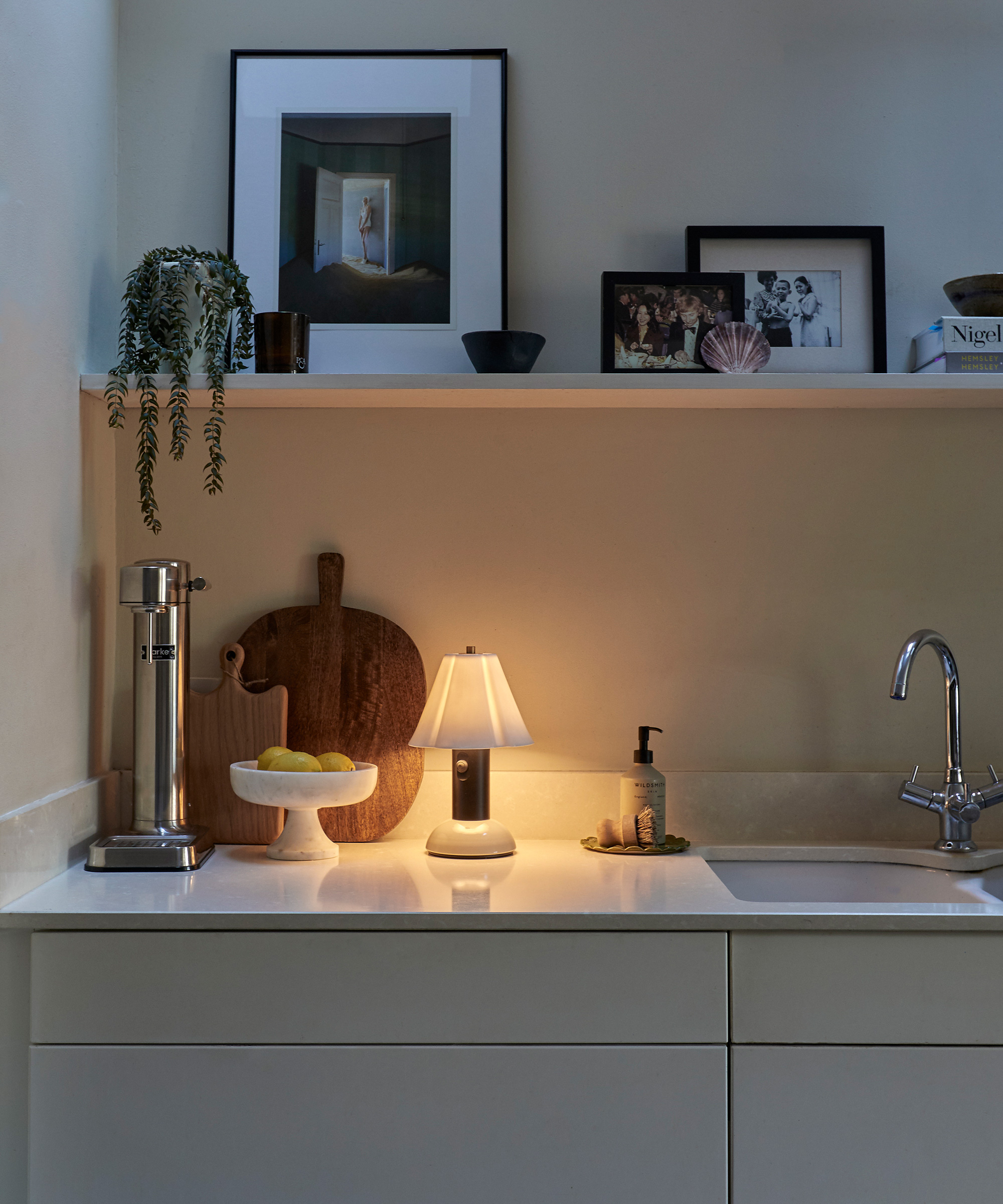 kitchen with side lamp on worktop