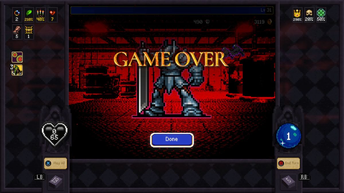 Game over screen with pixel art showing a knight in a red-hued dungeon.