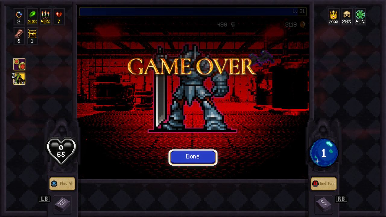 Game over screen with pixel art showing a knight in a red-hued dungeon.