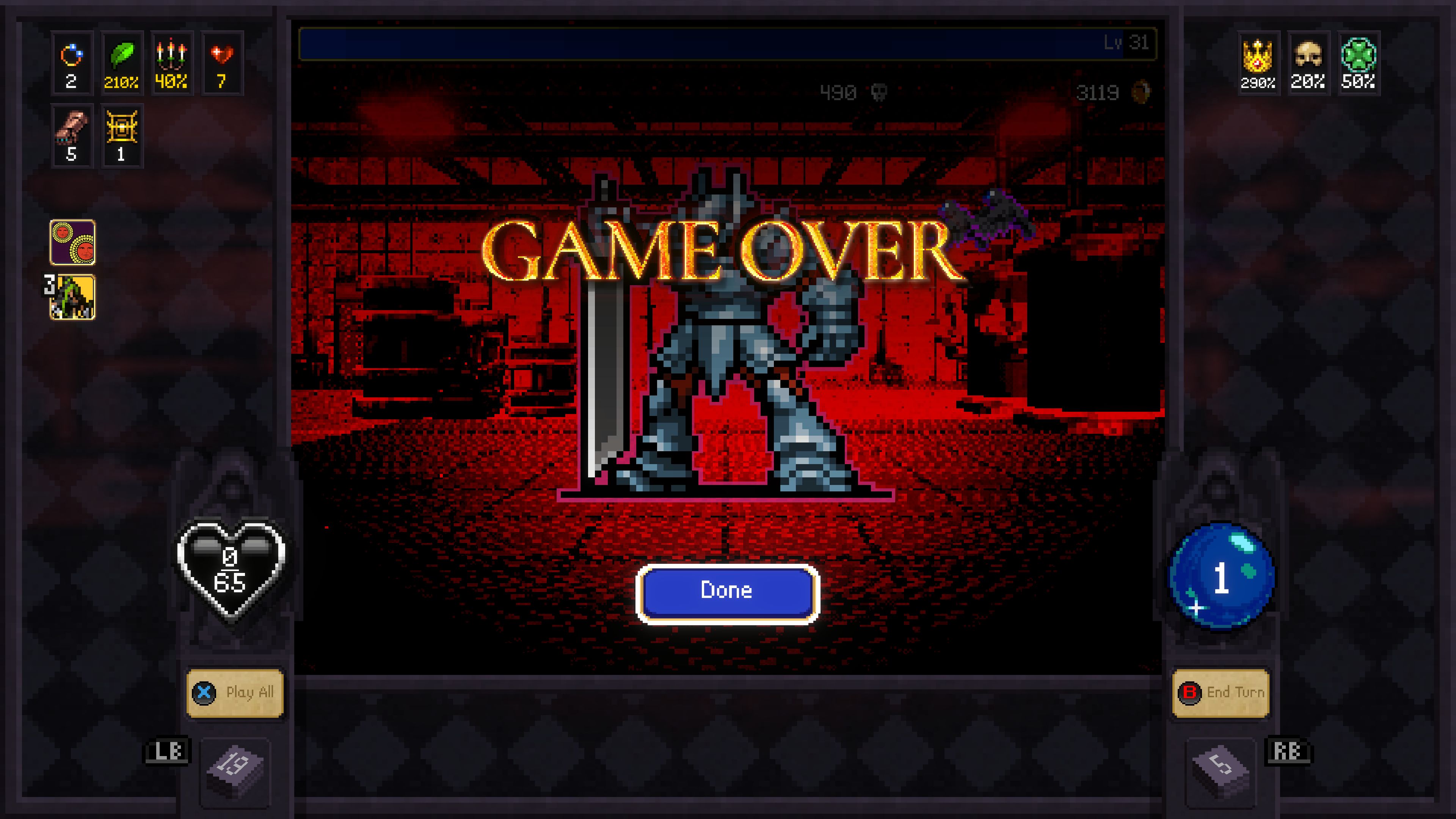 Game over screen with pixel art showing a knight in a red-hued dungeon. 