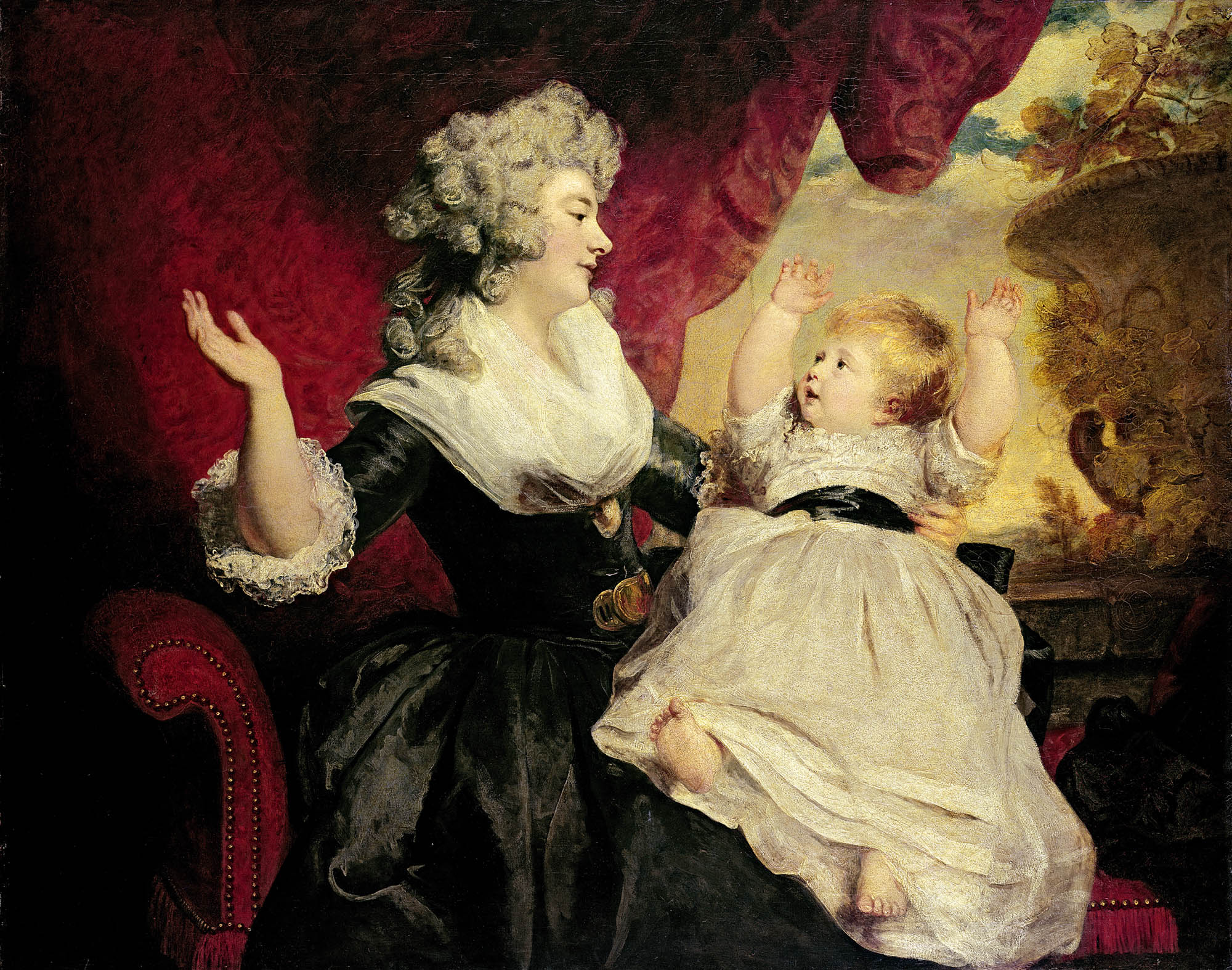 Georgiana, Duchess of Devonshire with her infant daughter Lady Georgiana Cavendish, 1784, a charmingly informal portrait that reveals Reynolds’s easy relationship with his aristocratic sitters. Credit: The Devonshire Collections, Chatsworth; . Reproduced by permission of Chatsworth Settlement Trustees.