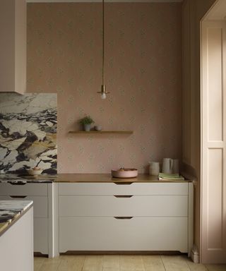 Dusty pink walls in a kitchen