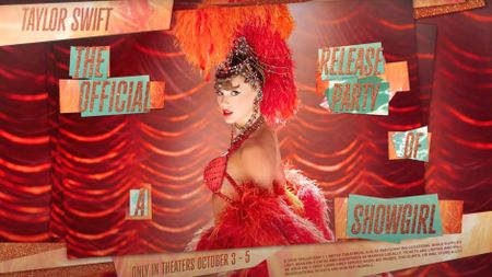 A promotional image for a Taylor Swift event, showing the singer dressed as a showgirl in a red, feathered outfit and an elaborate headdress, with text about "The Official Release Party of a Showgirl."