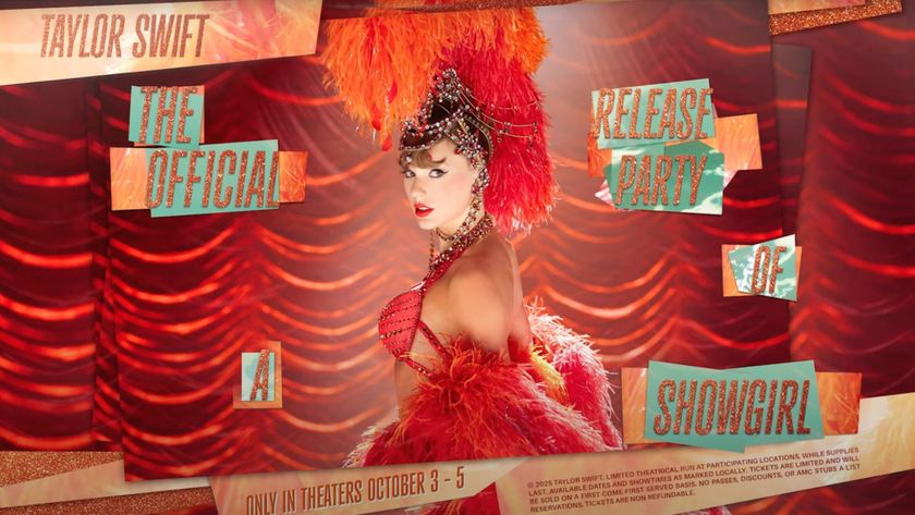 A promotional image for a Taylor Swift event, showing the singer dressed as a showgirl in a red, feathered outfit and an elaborate headdress, with text about &quot;The Official Release Party of a Showgirl.&quot;