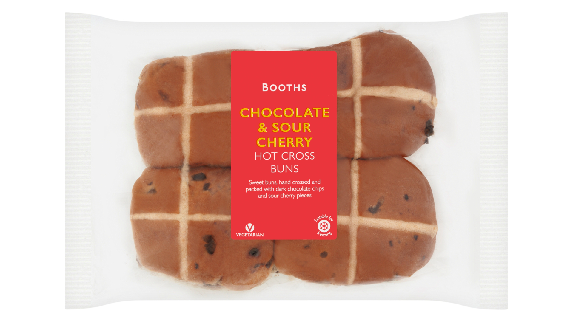 Booths chocolate and sour cherry ho cross buns