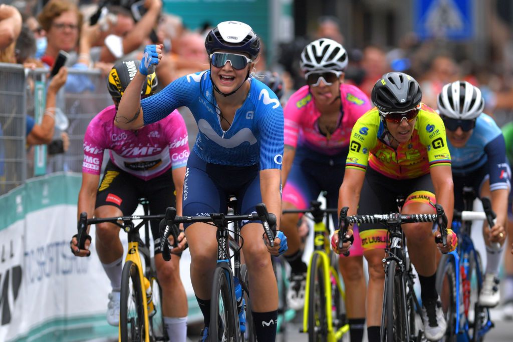 COLICO ITALY JULY 07 Emma Norsgaard Jorgensen of Denmark and Movistar Team stage winner celebrates at arrival Marta Bastianelli of Italy and Team Ale Btc Ljubljana during the 32nd Giro dItalia Internazionale Femminile 2021 Stage 6 a 155km stage from Colico to Colico GiroDonne UCIWWT on July 07 2021 in Colico Italy Photo by Luc ClaessenGetty Images