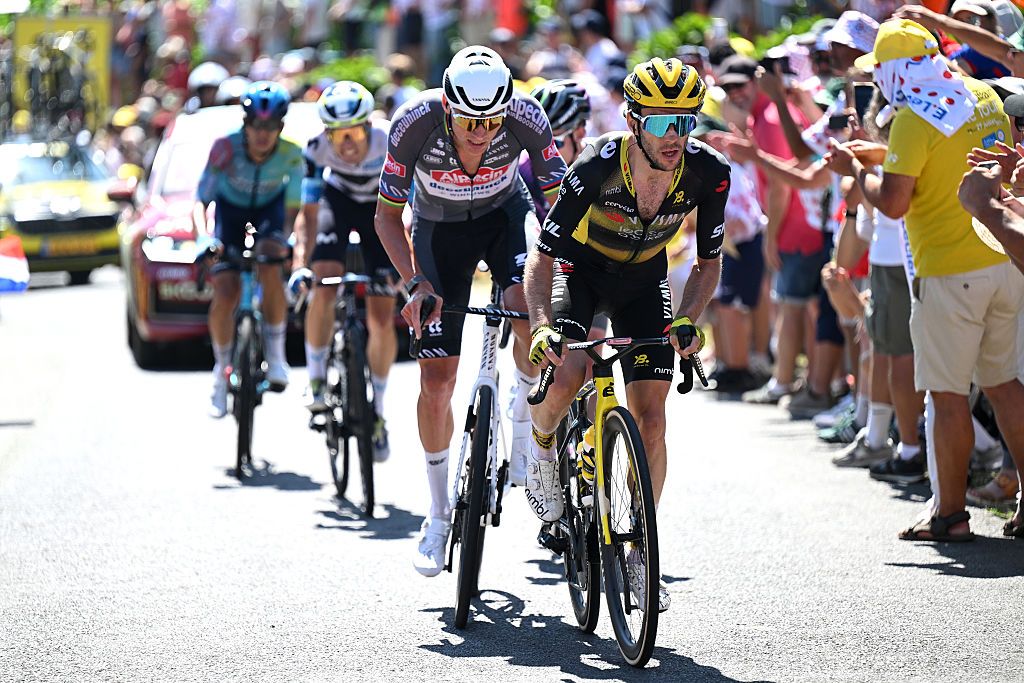 VIRE NORMANDIE, FRANCE - JULY 10: (L-R) Mathieu Van Der Poel of Netherlands and Team Alpecin - Deceuninck and Simon Yates of Great Britain and Team Visma | Lease a Bike compete in the chase group during the 112th Tour de France, Stage 6 a 201.5km stage from Bayeux to Vire Normandie / #UCIWT / on July 10, 2025 in Vire Normandie, France. (Photo by Tim de Waele/Getty Images)