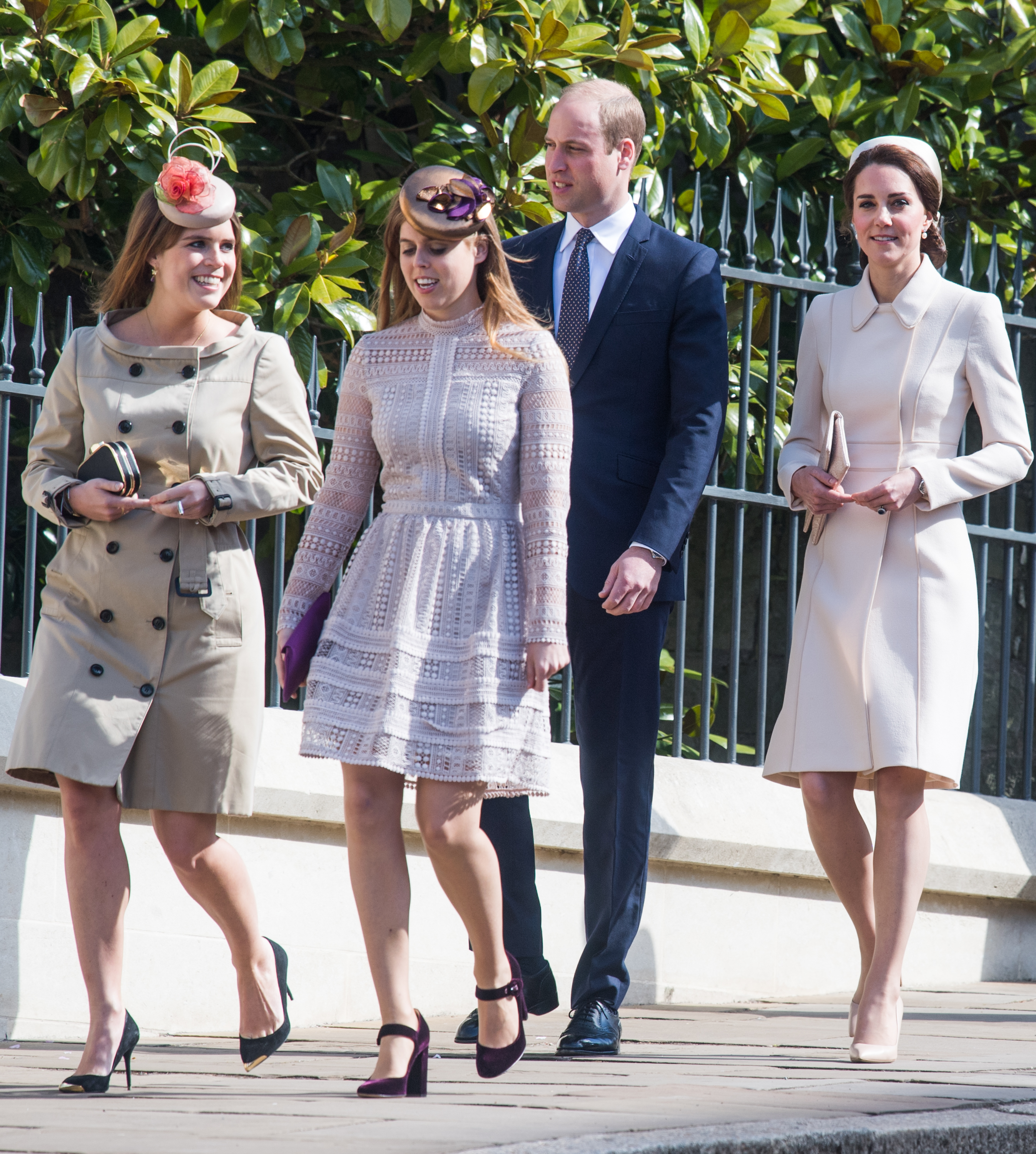 Princess beatrice and Princess Eugenie walking in front of Kate Middleton and Prince William on Easter 2017