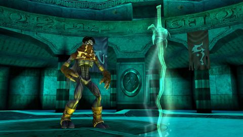 A screenshot from Legacy of Kain Soul Reaver 1&amp;2 Remastered showing the player character and a mysterious green glowing sword