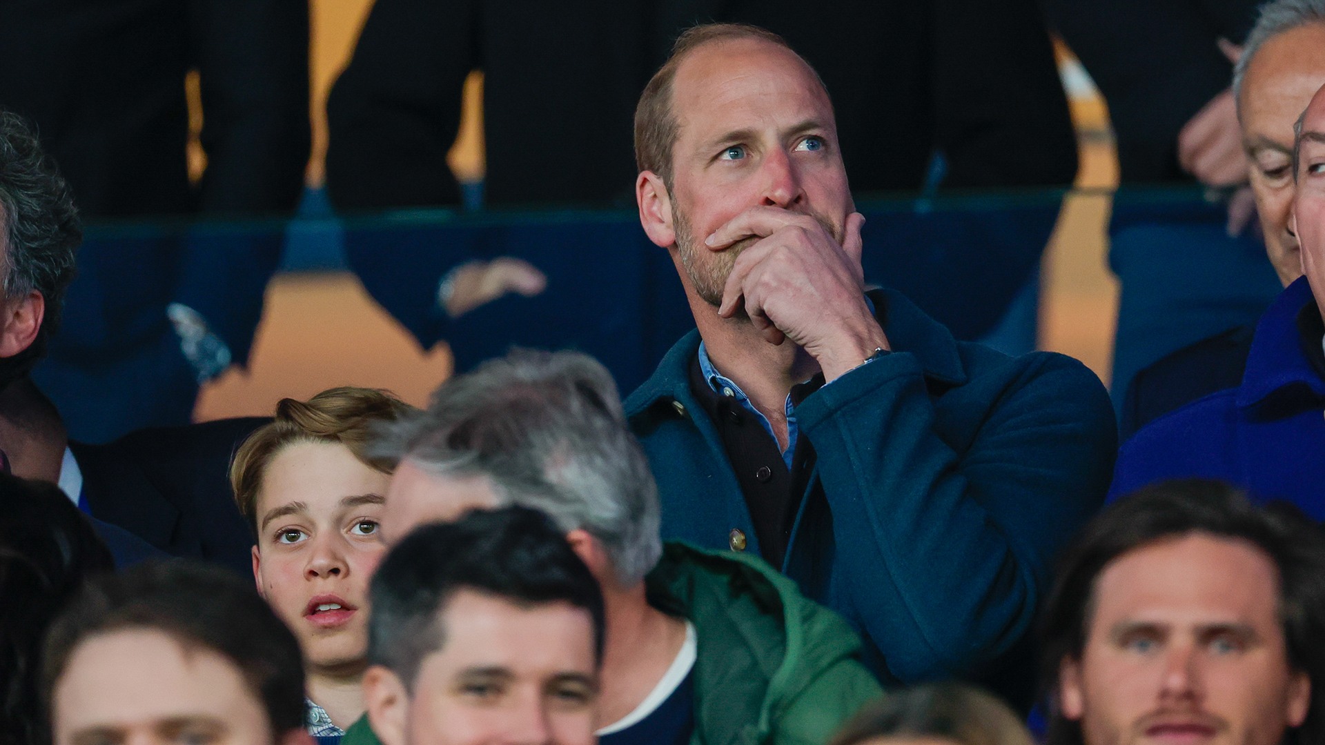 PARIS, FRANCE - APRIL 09: Prince George of Wales and Prince William, Prince of Wales are seen during the UEFA Champions League 2024/25 Quarter Final First Leg match between Paris Saint-Germain and Aston Villa FC at Parc des Princes on April 09, 2025 in Paris, France. (Photo by Pierre Suu/Getty Images)