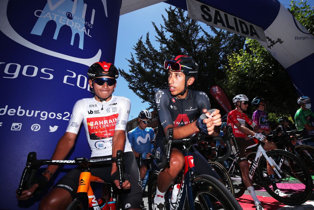 ARANDA DE DUERO SPAIN AUGUST 06 LR Santiago Buitrago Sanchez of Colombia and Team Bahrain Victorious White Best Young Rider Jersey Egan Arley Bernal Gomez of Colombia and Team INEOS Grenadiers prior to the 43rd Vuelta a Burgos 2021 Stage 4 a 149km stage from Roa to Aranda de Duero VueltaBurgos BurgosCycling CapitalMundialdelCiclismo on August 06 2021 in Aranda de Duero Spain Photo by Gonzalo Arroyo MorenoGetty Images