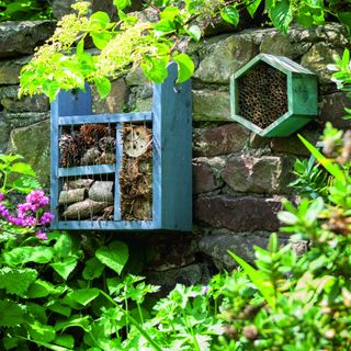 Wildlife insect hotels with pine cones, logs and bamboo canes inside painted wooden structures on brick garden wall