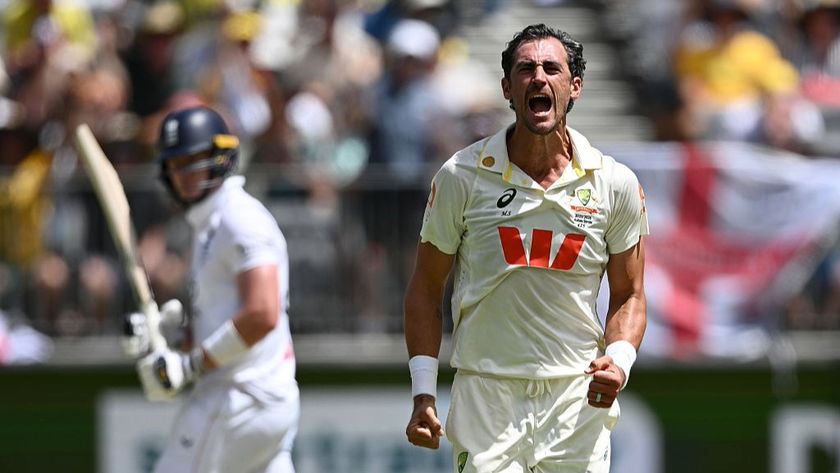 Australia bowler Mitchell Starc celebrates taking a wicket in the 1st Test Ashes victory over England 