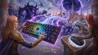 AI-Generated background of elves using a Razer keyboard and mouse as weapons against the Void, visualized