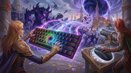 AI-Generated background of elves using a Razer keyboard and mouse as weapons against the Void, visualized