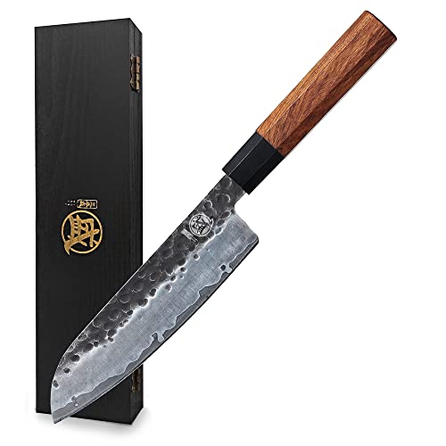 Mitsumoto Sakari Professional Japanese Knife, 7 Inch Hand Forged Santoku Kitchen Knives, High Carbon Stainless Steel Chef Cooking Knife (rosewood Handle & Sandalwood Box)