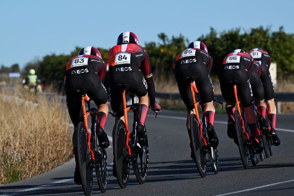 ORIHUELA SPAIN FEBRUARY 05 Detailed view of Thymen Arensman of Netherlands Jonathan Castroviejo of Spain Andrew August of The United States Tobias Foss of Norway Bob Jungels of Luxembourg Michael Leonard of Canada Carlos Rodriguez of Spain and Team INEOS Grenadiers sprint during the 76th Volta a la Comunitat Valenciana 2025 Stage 1 a 343km stage from Orihuela to Orihuela on February 05 2025 in Orihuela Spain Photo by Szymon GruchalskiGetty Images