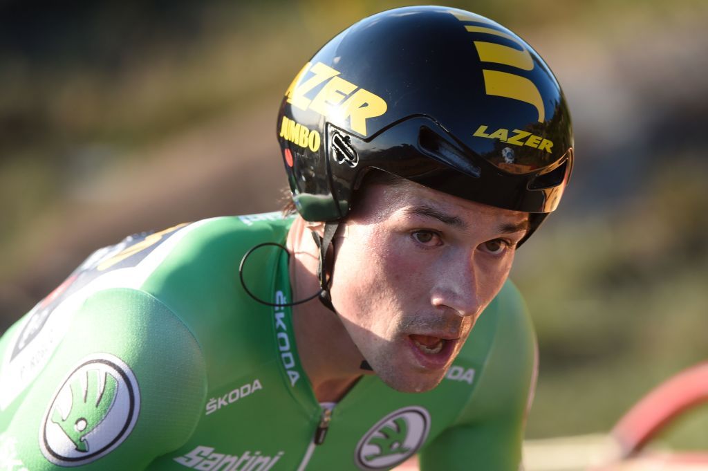 Team Jumbo rider Slovenias Primoz Roglic competes during the 13th stage of the 2020 La Vuelta cycling tour of Spain a 337km individual timetrial from Muros to Mirador de Ezaro Dumbria on November 3 2020 Slovenian Primoz Roglic claimed victory in the Vuelta a Espana time trial on today to regain the lead in the overall classification Roglic took back the red jersey from Ecuadors Richard Carapaz while Britains Hugh Carthy sits third ahead of the races climax on November 1 2020 Photo by MIGUEL RIOPA AFP Photo by MIGUEL RIOPAAFP via Getty Images