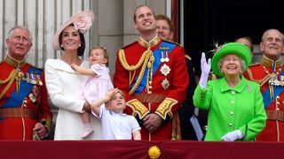 Prince Charles, Prince of Wales, Catherine, Duchess of Cambridge, Princess Charlotte, Prince George, Prince William, Duke of Cambridge, Prince Harry, Queen Elizabeth II and Prince Philip, Duke of Edinburgh stand on the balcony during the Trooping the Colour 2016