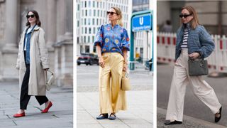 Street style influencers showing shoes to wear with wide leg trousers ballet pumps