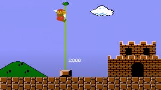 Mario jumping to the top of the flagpole in World 1-1 in Super Mario Bros.