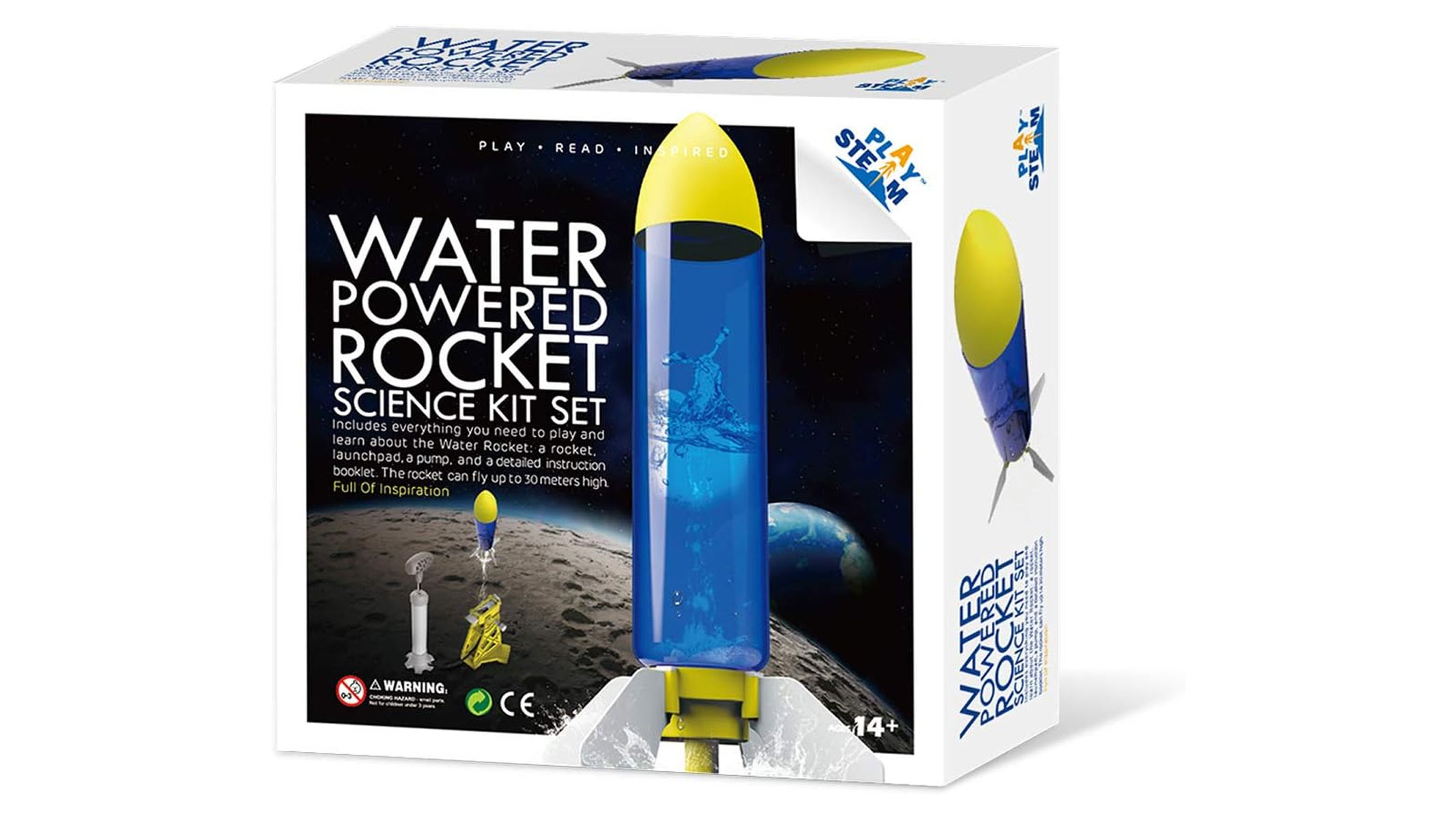 A box with a black front is showing a blue rocket with a yellow head infront of a picture of what looks like the moon and it reads "Water powered rocket". The box is on a white background.