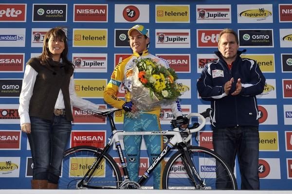 Tom Meeusen (Telenet Fidea Cycling Team) celebrates his win on the podium.