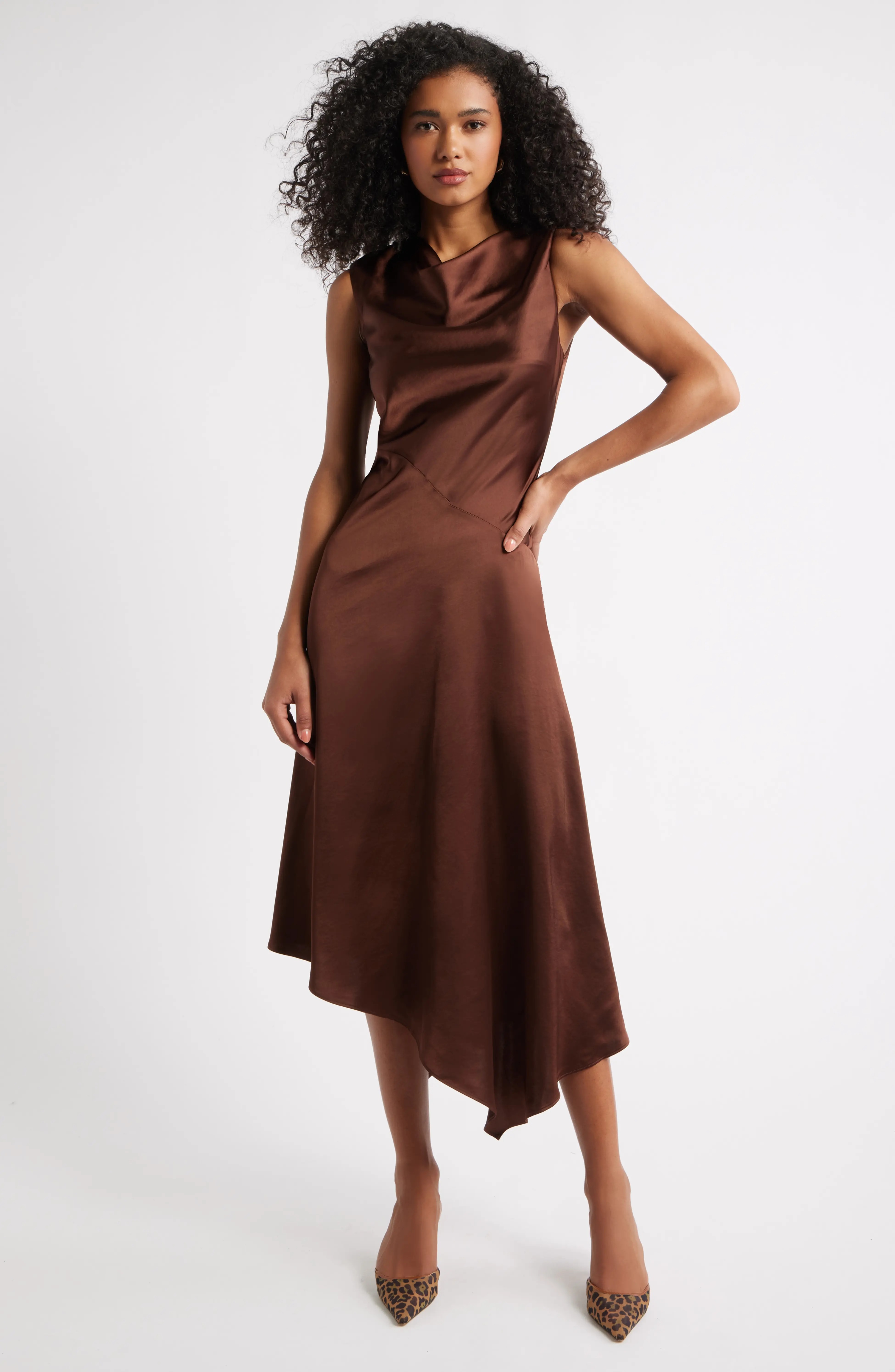 Open Edit, Cowl Neck Asymmetric Satin Midi Dress (Was $90) 