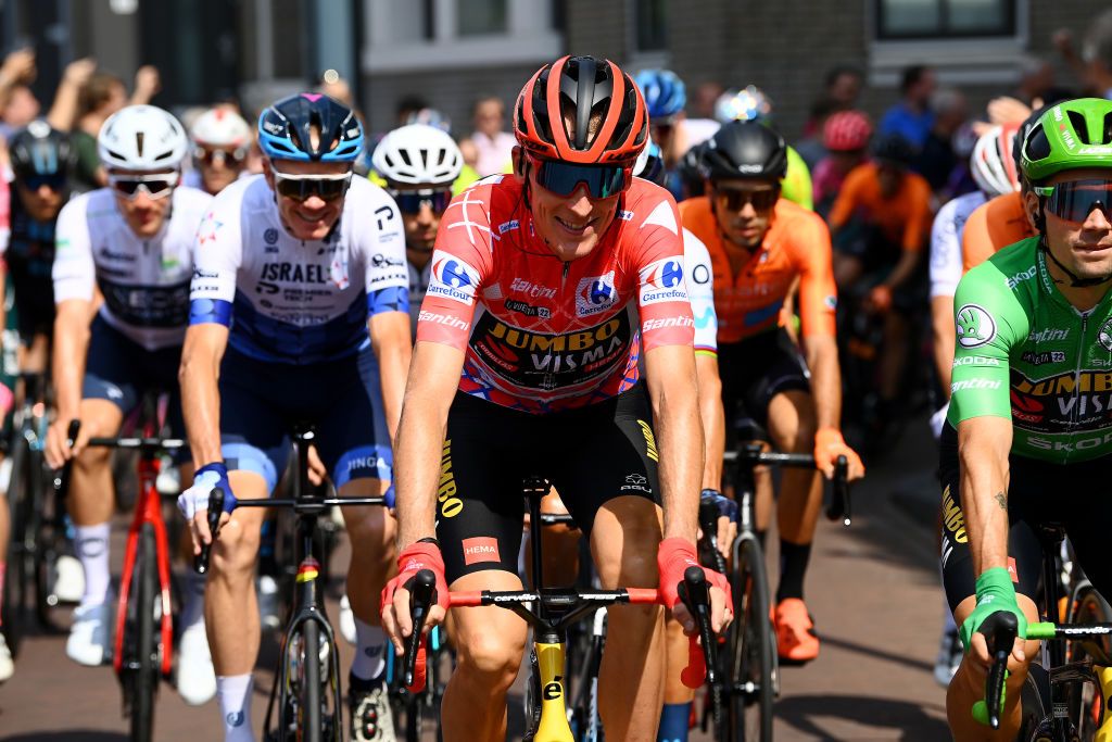 UTRECHT NETHERLANDS AUGUST 20 Robert Gesink of Netherlands and Team Jumbo Visma Red Leader Jersey competes during the 77th Tour of Spain 2022 Stage 2 a 1751km stage from sHertogenbosch to Utrecht LaVuelta22 WorldTour on August 20 2022 in Utrecht Netherlands Photo by Tim de WaeleGetty Images