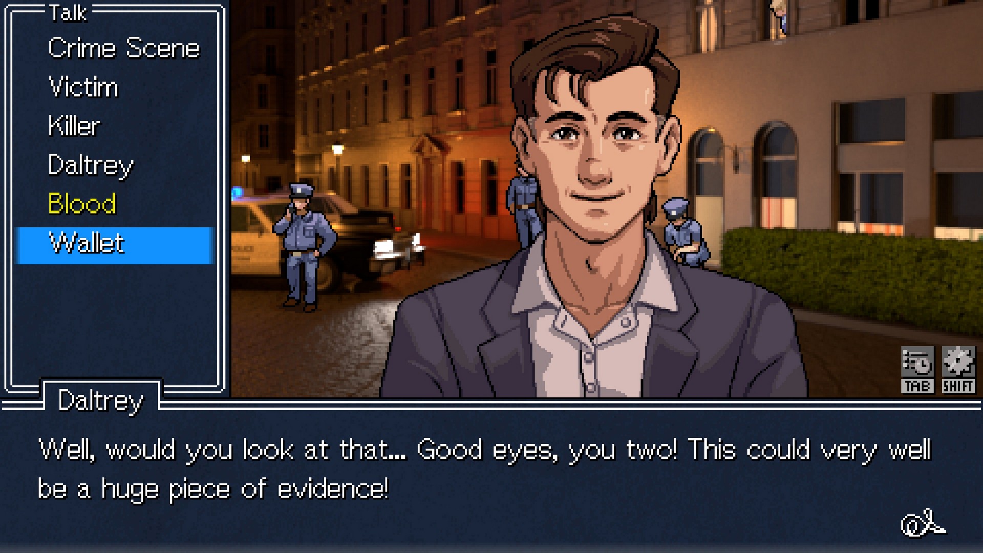 Detective Daltrey praises the player and Emma for uncovering evidence in Detective Instinct: Farewell, My Beloved in a street at night