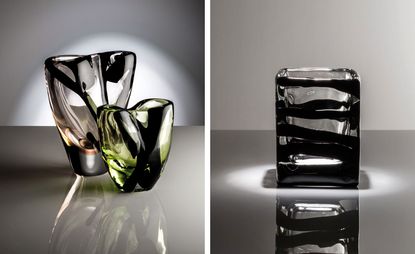 Marino's vases are tinted in pale shades of green and pink, which are accentuated with luscious, painterly bands of black
