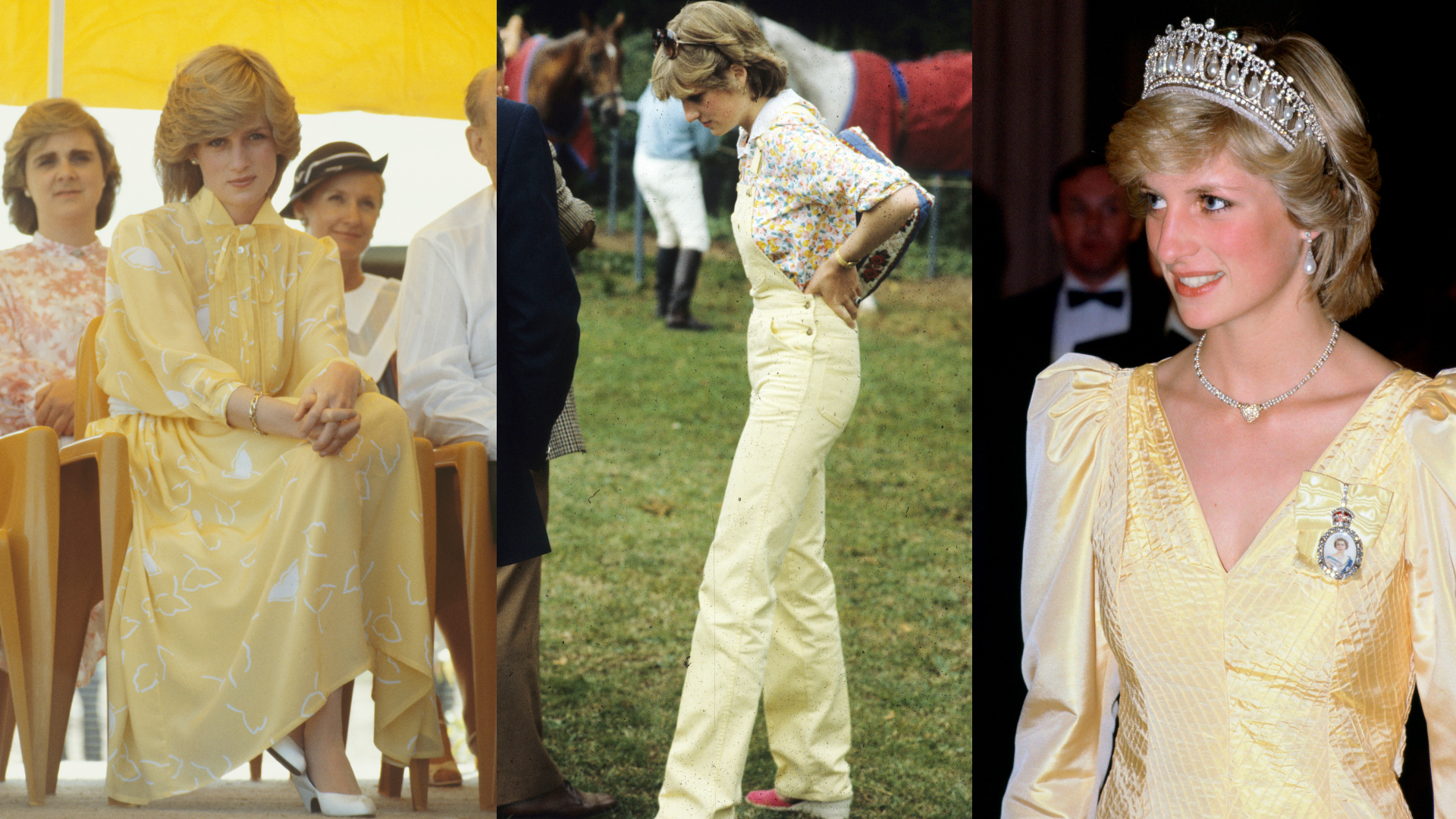 Princess Diana wearing a yellow top and skirt, yellow overalls, and a yellow evening gown and tiara