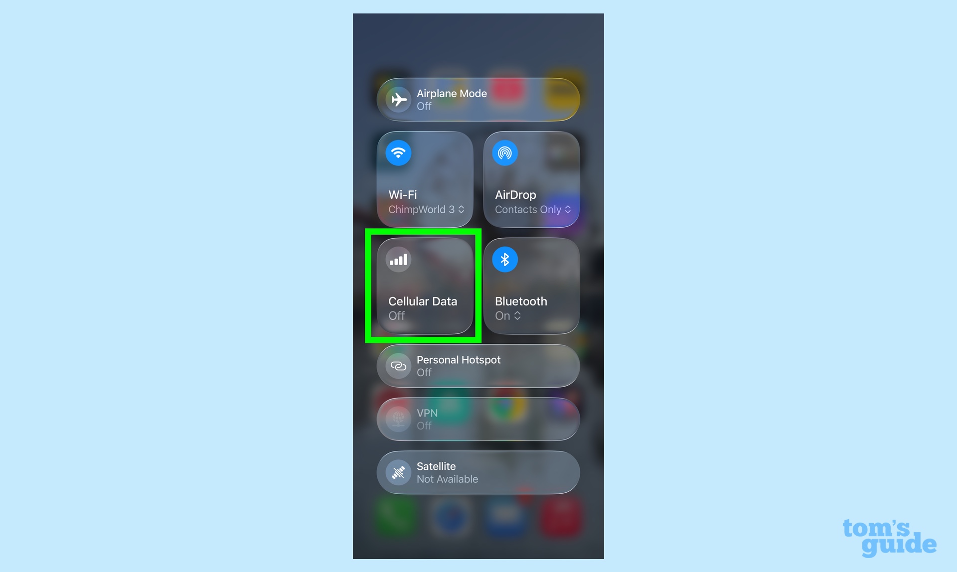 cellular data section of Control Center