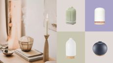 A series of essential oil diffusers are presented in a split image, half of it featuring one of them, the other half divided into four section with pastel shaded backgrounds.