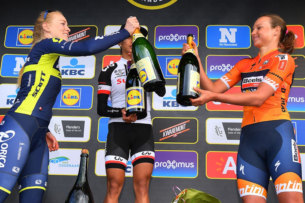 Gracie Elvin, Coryn Rivera and Chantal Blaak on the Tour of Flanders podium