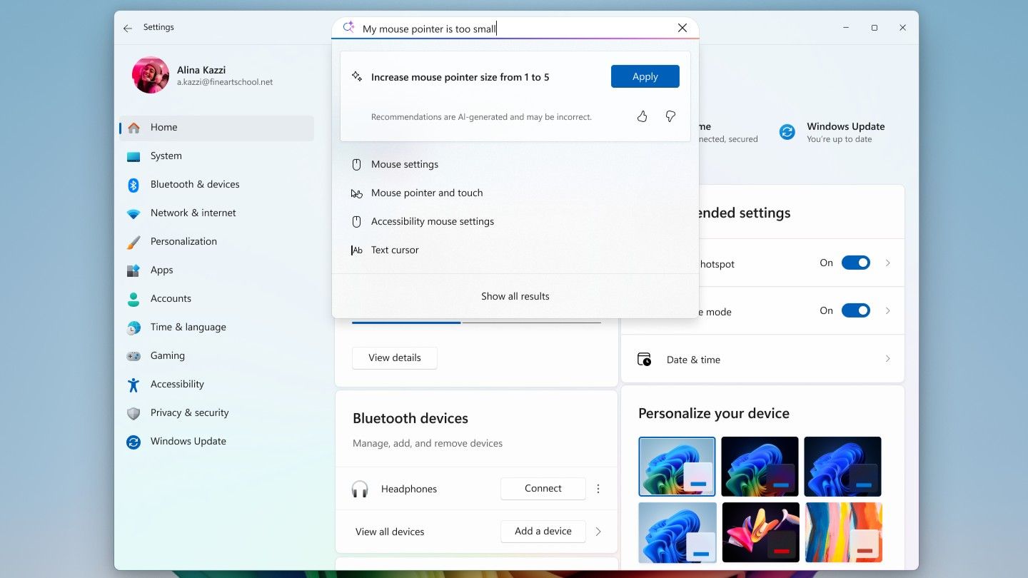 Windows 11 AI agent in Settings
