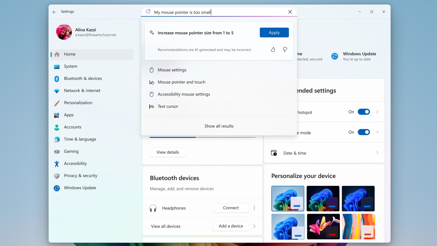 Windows 11 AI agent in Settings