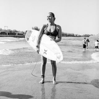 Carissa Moore at WSL Surf Ranch in Lemoore, California, where practice happens on an artificial perfect wave
