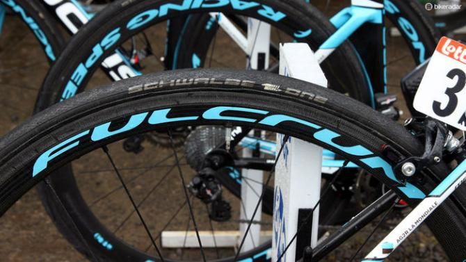 The wet-weather variant of Schwalbe's One tubular tyre is wrapped around Fulcrum's Racing Speed XLR 35 carbon wheel
