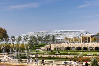 longwood gardens, lush greenery and a greenhouse