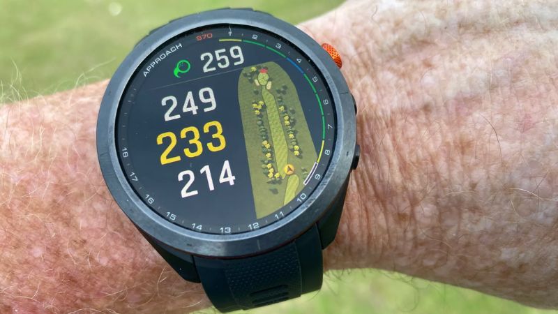 Garmin Approach S70 Golf Watch worn on the golf course showing off its display